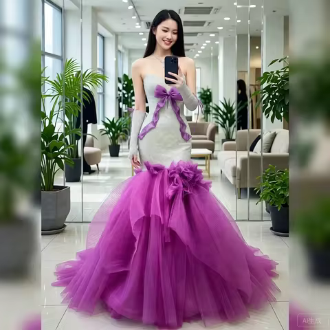 New Arrival Sparkling Sequin Mermaid Gown with Long Gloves Tulle Skirt Purple Silver Color Formal Pr