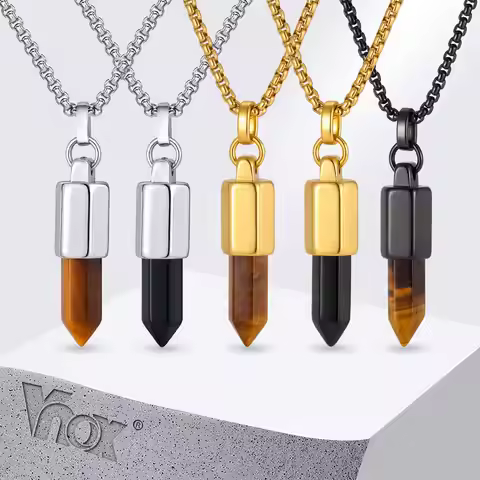 Vnox Tiger Eye Black Agate Bullet Pendant Necklace for Men, Gold Sliver Color Stainless Steel Box Ch