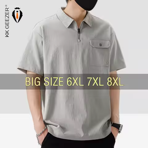 Men Polo Shirt Short Sleeve Summer Pocket Oversized 5XL 6XL 7XL 8XL Plus Size T Shirt Zipper Breatha