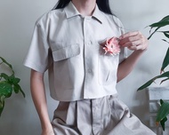 復古卡其色工裝短袖露臍上衣 米色純棉 尺寸 M-L