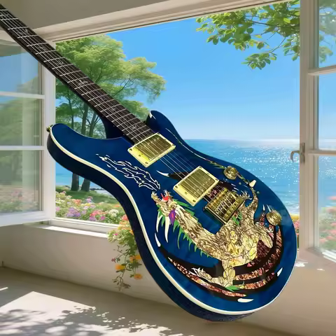 Electric Guitar Blue Mahogany Body Dragon Handcrafted Fixed Bridge Handcrafted Blue Relief Dragon PR
