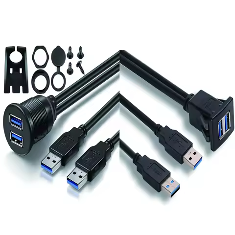 Nku 1m 3ft Dual USB 3.0 Port Male to Female Extension Cable Dashboard Waterproof Flush Panel Mount W