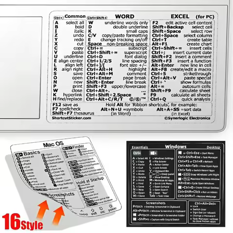 Computer Reference Keyboard Shortcut Sticker 16 Style for PC Laptop Reference Keyboard Shortcut Stic