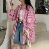 Korean Style Women Ladies Loose Stripe Oversized Baggy Long Sleeve Shirt Blouse Baju Baju Wanita Len