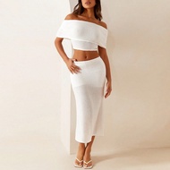 Bộ trang phục 2 mảnh áo crop top trễ vai và chân váy bó dài cho nữ, màu trắng trơn, ngày lễ tình nhâ