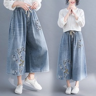 Summer 7 Points Length Flower Embroidered Denim Pants Wide Leg Cropped Jeans for Women M L XL 2XL 3X