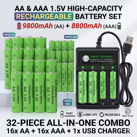 1.5V Alkaline Rechargeable Battery AA 9800mAh AAA 8800mAh with 4-Slot USB Charger for Digital Camera