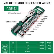 ISKU Kunci Sok Set 12 PCS CR-V Kunci Sok Wrench 1/2" Rachet alat perkakas lengkap motor