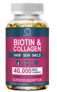 BBEEAAUU Biotin Collagen Capsules - 40000mcg ไบโอตินและคอลลาเจน - บำรุงผิว ผม และเล็บ | 120pcs