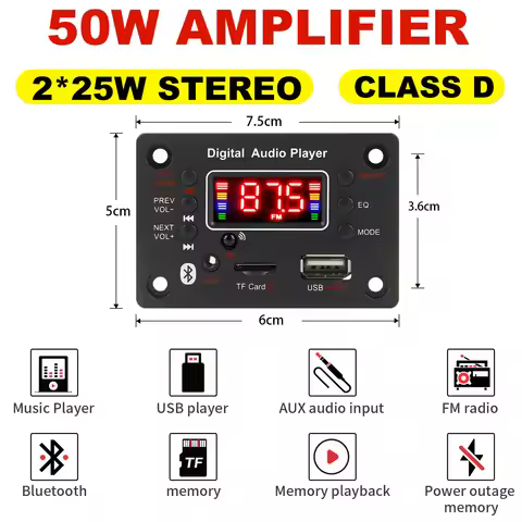 25W Amplifier 12V Stereo MP3 Decoder Board Handsfree 50W Bluetooth 5.0 Wireless Car USB mp3 Player T