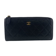 【二手】香奈兒 L 型拉鍊絎縫魚子醬紋皮革長錢包，卡包，零錢包，黑色