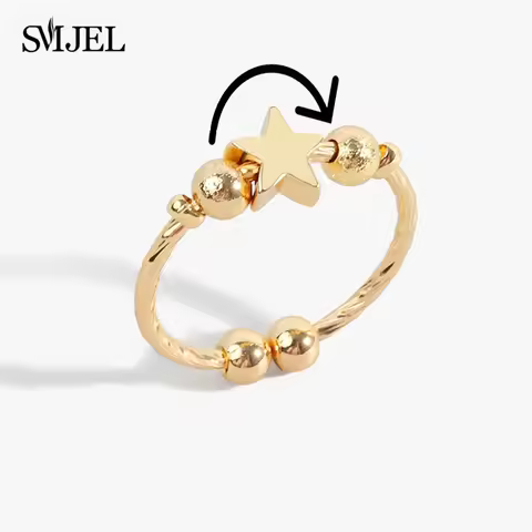 Frosted Metal Beads Star Charm Anxiety Rings for Women Girls Boho Design Spinner Spiral Fidget Ring 