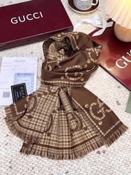 🌟誠信商家🌟GUCCI古馳雙G羊毛圍巾 咖啡色格紋配金色Logo
