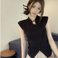 New Chinese-style small flutter sleeve knitted T-shirt with buttons