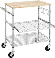 Finnhomy 3-Tier Rolling Kitchen Cart with 18'' Dx30'' W Oak Wood Tabletop, Island 4'' Wheels and Sli