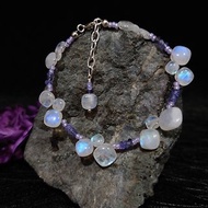 手鍊 天然方塊狀 藍光 月光石 丹泉石 淡紫色琉璃珠 手珠 925銀飾