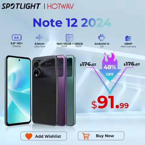 HOTWAV Note 12 2024 Smartphone 6.8'' Large Display Android 14 OS 16(6+10)GB 128GB Mobile Phone 48MP 