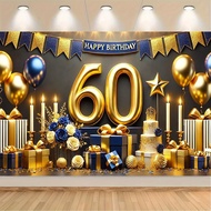 Happy 60th Birthday Banner Party Backdrop Elegant Gold and Blue 60th Celebration Design for Men Wome