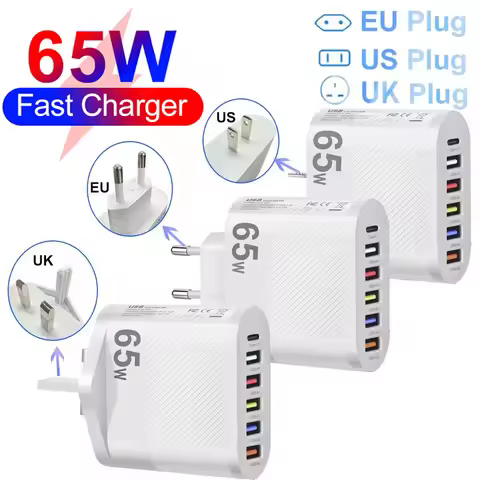 3.1A 6 Port USB Charger PD 65W Fast Charging Wall Adapter For iPhone Samsung Xiaomi Huawei Quick Cha