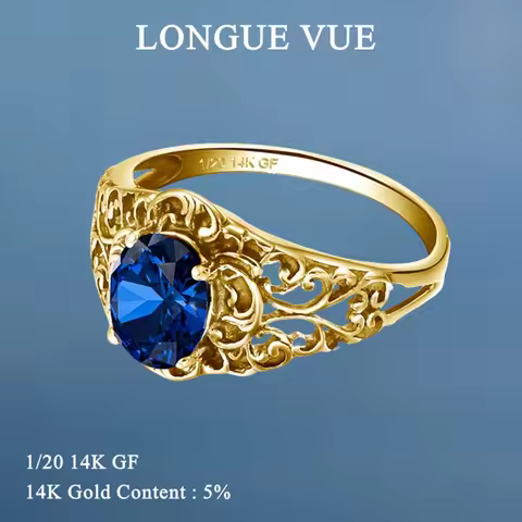 14K Gold Filled Blue Corundum Ring for Women Hollowed-out Pattern Finger Jewelry Non Fading Genuine 