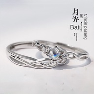 New Style S925 Sterling Silver Moonstone Couple Ring One Pair Niche Light Luxury Live Mouth Adjustab
