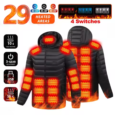 29 Areas Heating Jacket, Polyester Fabric, USB Powered, 4 Zone Control, 3 Heat Levels, Winter Warm C