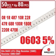 [50 PCS] Resistor 0603 0R 1R 4R7 10R 22R 47R 68R 100R 180R 220R 470R 560R Chip Resistor SMD 0603 5% 