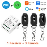 Tuya สวิตช์ RF WiFi DC 12V 24V 2ช่อง Dry Contact Relay รีโมทคอนโทรลไร้สายเครื่องส่งสัญญาณ50M ทำงานร่