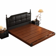 1.5m solid wood double bed for master bedroom, retro checkered upholstered headboard, suitable for s
