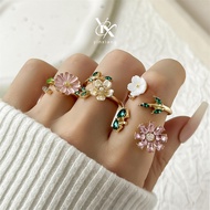 YX Pink Crystal Flower Drop Daisy Leaf Ring Set 4Pcs Y2K Dainty Jewelry Aesthetic Kawaii Girly Party