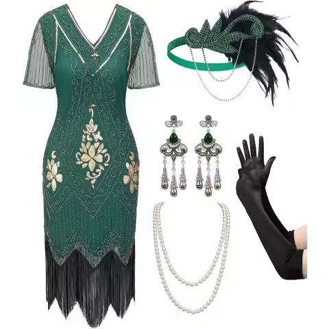 Women's Flapper Dresses 1920s Fringed Sequin Great Gatsby Dress with 20s Accessories -Roaring 20s Co