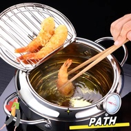 PATH Tempura Fryer Pan, Japanese with Lid Deep Fryer Pot, Thickened Thermometer Oil Saving Stainless
