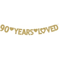 90 Years Loved Banner, Gold Glitter Happy 90th Birthday Party Decorations