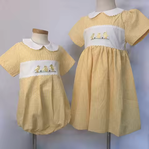 Children Boutique Clothing Summer Girls Short Sleeves Yellow Plaid Embroidered Chick Cotton Dress Cu