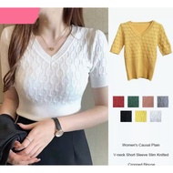 Women's Causal Plain V-neck Short Sleeve Slim Knitted Cropped Blouse