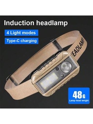 USB充電輕量高亮度頭燈-戶外跑步狩獵徒步旅行露營裝備，四模式調節，感應開關，電量顯示，Type-C快速充電，掛鉤磁鐵背夾設計