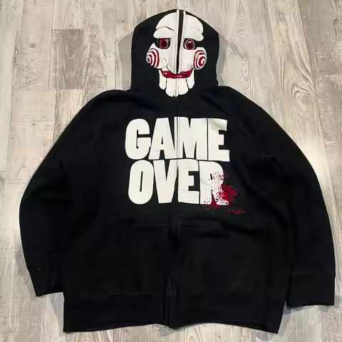 American Horror SAW Mask Man Printed Zipper Hoodie Men's Street Goth Trend Y2K Clothing Women's Hara