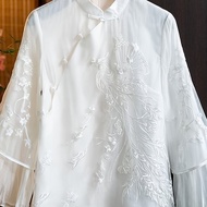 เสื้อกี่เพ้า Jodie เสื้อซีเปาเสื้อคอปกแมนดารินสีเดียวลายดอกไม้ชั้นสีชมพู/ขาวขนาด M-XXL