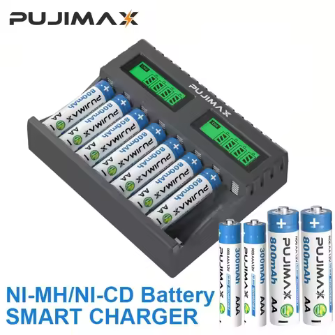 PUJIMAX 8 Slots Smart Battery Charger For 1.2V AA/AAA Ni-MH Rechargeable Batteries Independent Charg