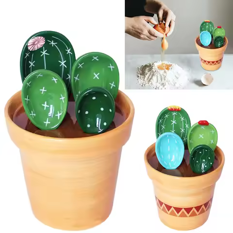 4Pcs Porcelain Measuring Spoons Set with Base Cute Cactus Shape Stirring Soup Spoon Ceramic Flower P