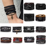 4Pcs/ Set Braided Wrap Leather Bracelets for Men Vintage Life Tree Rudder Charm Wood Beads Ethnic Tr