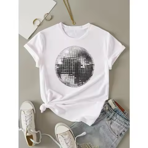 Women's Clothing Disco Ball Print Crew Neck T-shirt Short Sleeve Casual Travel Tops Summer Spring Wo