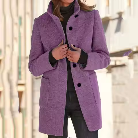 Women Woolen Overcoat Loose Solid Color Single-breasted Jacket Double Pocket Long Sleeves Buttons Mi