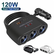 120W Car Charger Adapter 12V 24V 3 Socket Splitter Dual USB LED Car Fast Charger For Phone