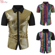 Mens 70s Disco Costume Gold Sequins Short Sleeve Button Down Shirts