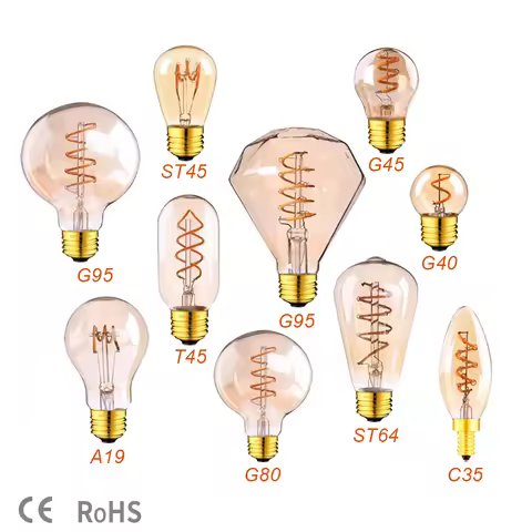 Edison Spiral Bulbs G40 T45 ST64 A19 G95 G80 E27 220V Dimmable LED Bulb Filament Light 3W 2200K Diam