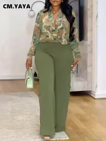 CM.YAYA Women's Set Floral Print Long Sleeve V-neck Shirt+Straight Pants 2024 Fall Streetwear OL Wor