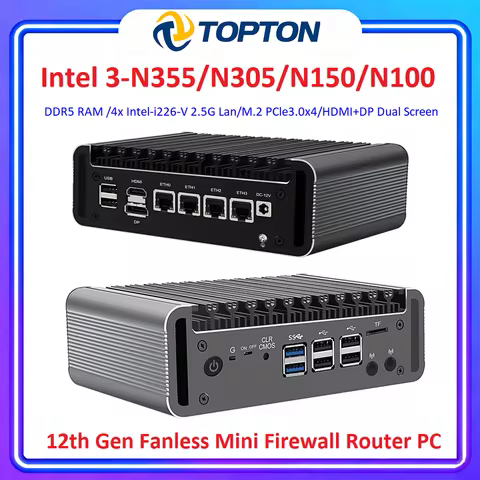 Solid Fanless Firewall Mini PC Intel Core 3 N355 N305 N150 N100 DDR5 2xNVMe 4x2.5G i226-V pfSense OP