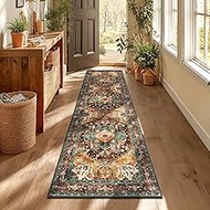 Yamaziot Washable Runner Rug, 2x7 Non-Slip Boho Vintage Hallway Rug Runner with Rubber Backing, Stai