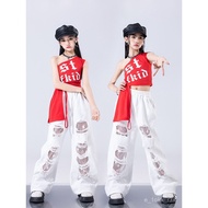 Red ripped pants jazz dance costume for girls JAZZ Street Dance Performance Outfit Set, Crop Top Dan